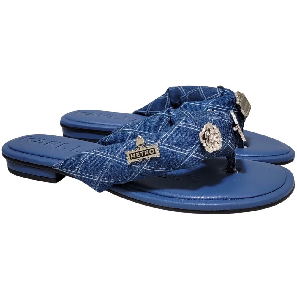 Karl Lagerfeld Women Ceejay Rue Pins Thong Sandals Size US 5.5M Blue Denim